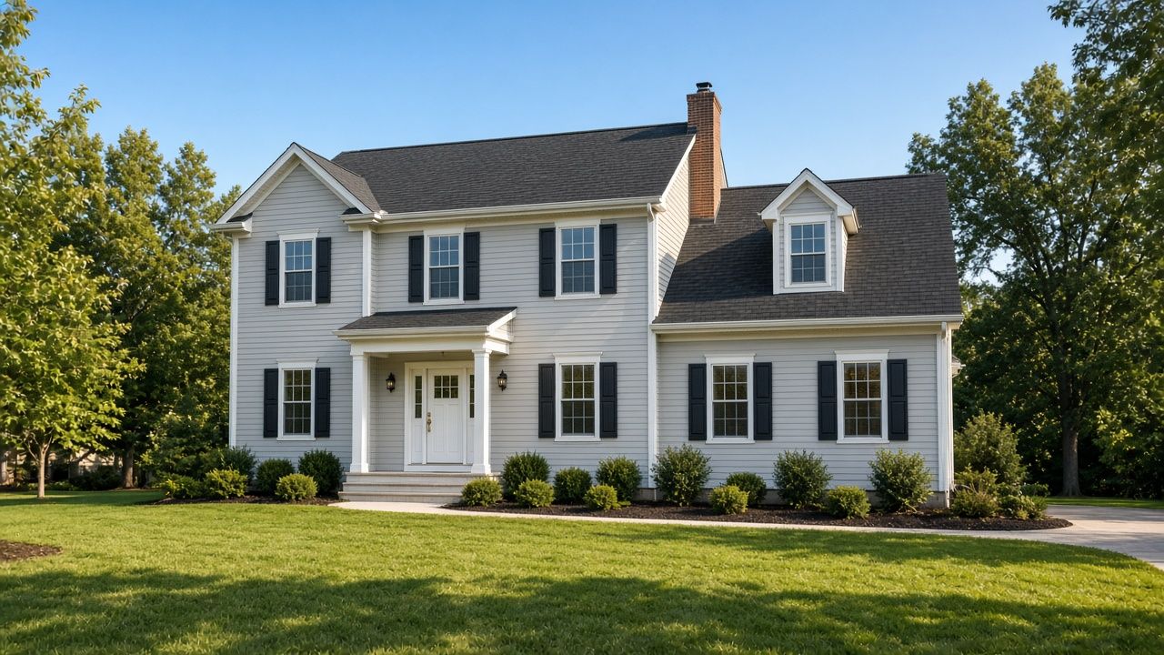 Two-story home with a new shingle roof and fresh gray siding