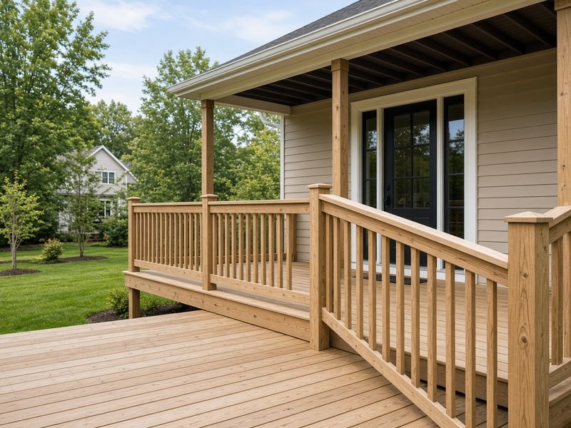 New wood deck and covered porch framing with railings